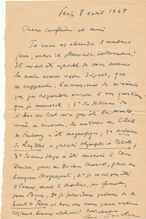 Paul SOUCHON 5 lettres autographes signées correspondance amicale Hugo travail