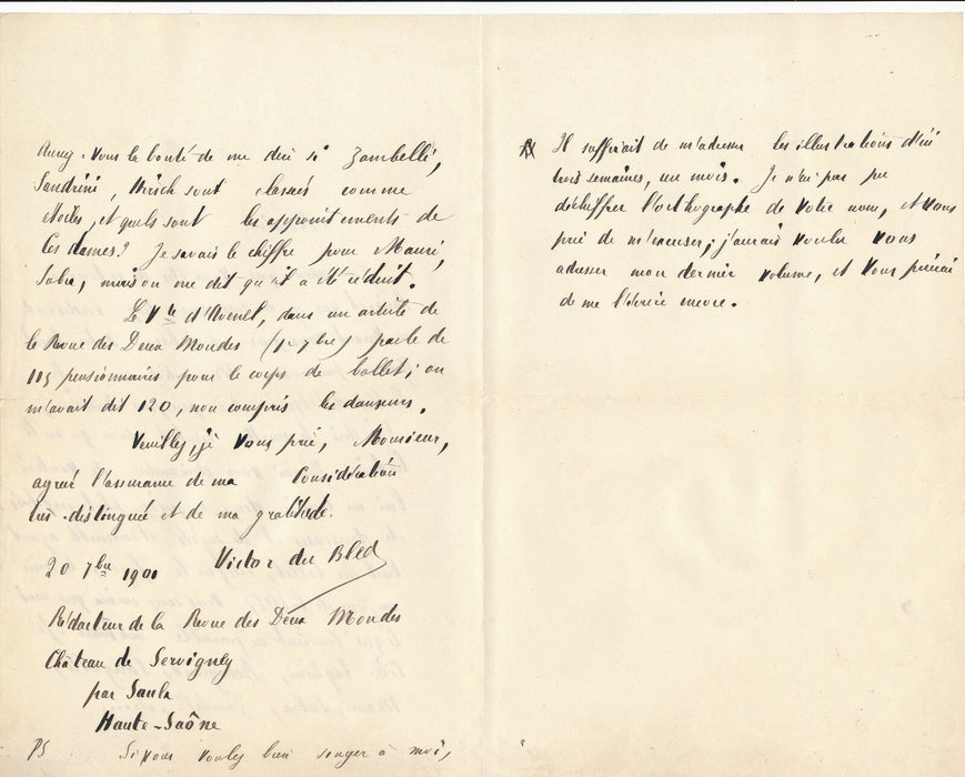 V. DU BLED ballet opéra Taglioni Beaugrand Sanyalli Mauri autographe lettre