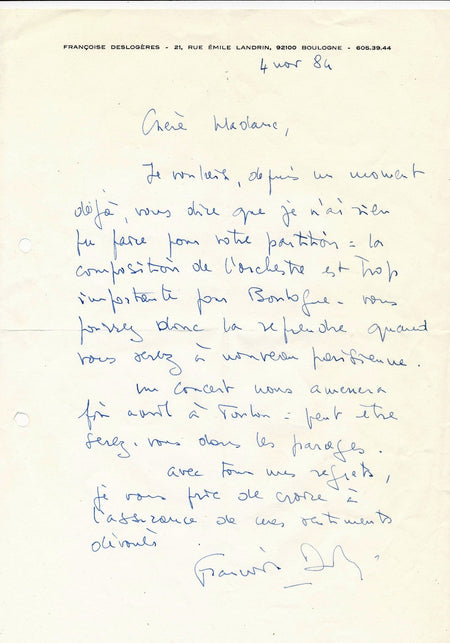 Musique Françoise Deslogères ondes Martenot 2 lettres autographes signées