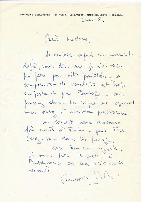 Musique Françoise Deslogères ondes Martenot 2 lettres autographes signées