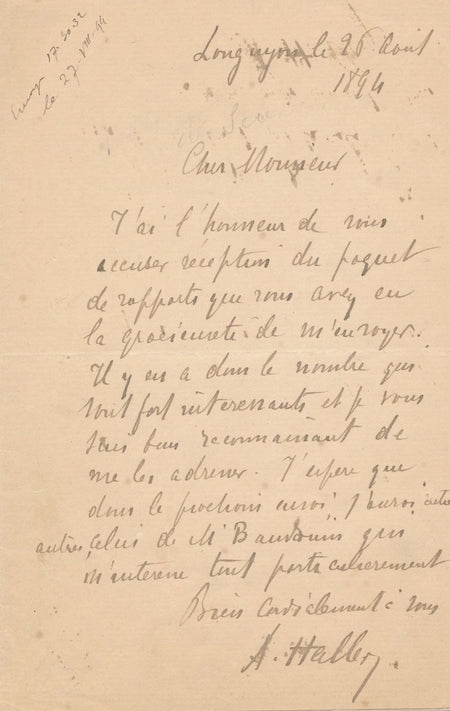 chimiste Albin Haller rapport Bauduin lettre autographe signée 1894