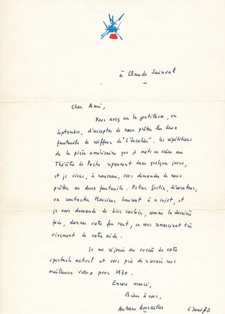 Théâtre Antoine Bourseiller autographe signé Claude Sainval fauteuils Lauran