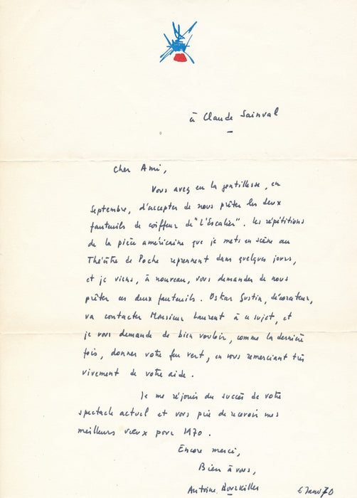 Théâtre Antoine Bourseiller autographe signé Claude Sainval fauteuils Lauran