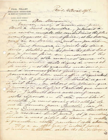 Paul FOLLOT architecte décorateur lettre autographe signée devis Henry Bataille