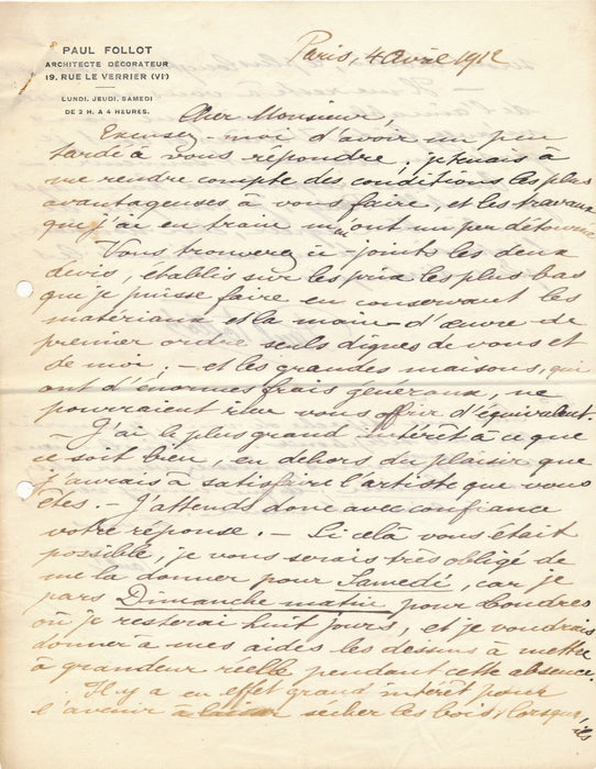 Paul FOLLOT architecte décorateur lettre autographe signée devis Henry Bataille