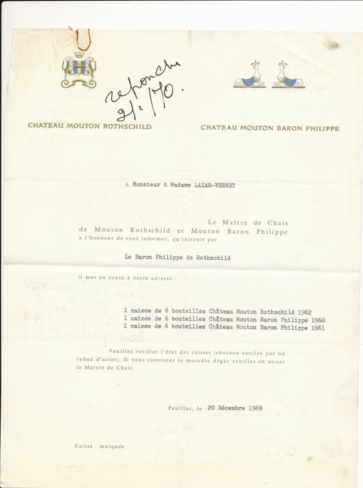 Philippe de Rothschild 3 lettres et 3 billets autographes signée poésie 1969-70
