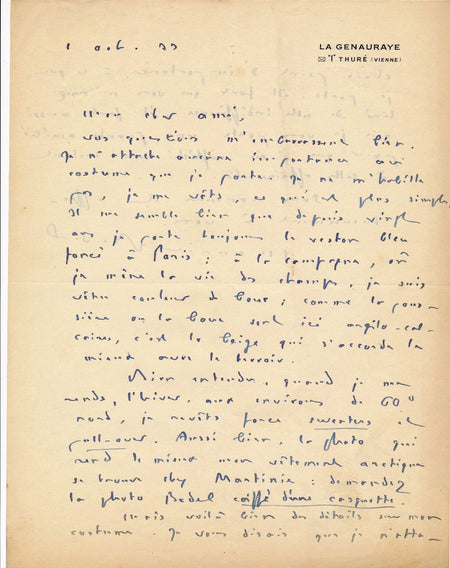 écrivain Maurice Bedel lettre autographe signée amusant vêtement Martinie