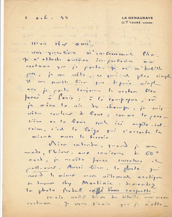 écrivain Maurice Bedel lettre autographe signée amusant vêtement Martinie