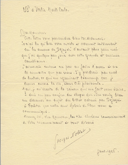 Georges NOBLET comédien dessinateur lettre autographe sur  Virginie Déjazet