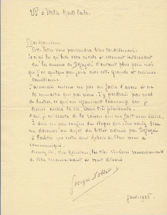 Georges NOBLET comédien dessinateur lettre autographe sur  Virginie Déjazet
