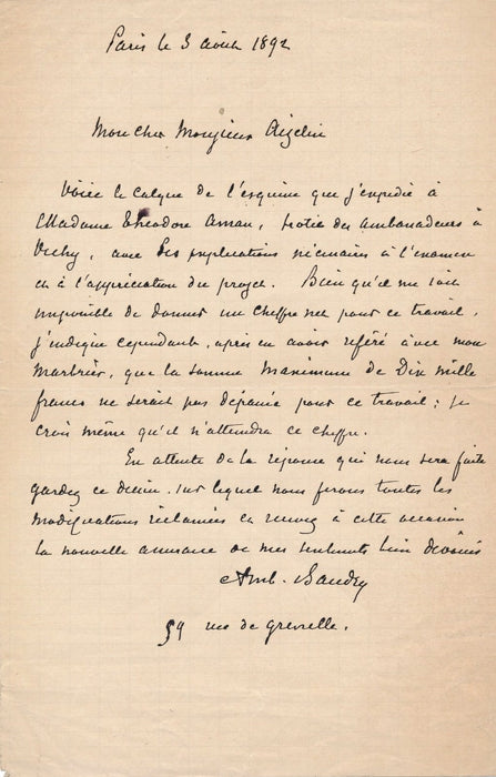 architecte Ambroise Baudry lettre autographe signée Roumanie Théodore Aman 