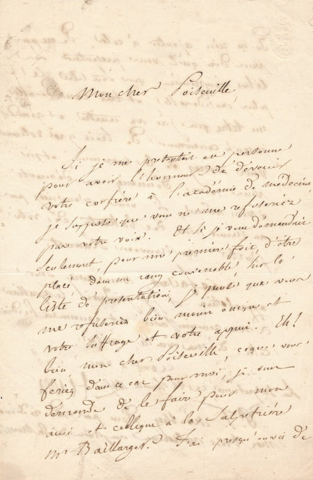 Louis Francisque LÉLUT à POISEUILLE soutient Jules Baillarger élection lettre