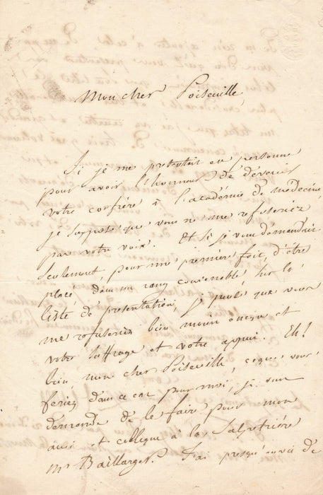 Louis Francisque LÉLUT à POISEUILLE soutient Jules Baillarger élection lettre