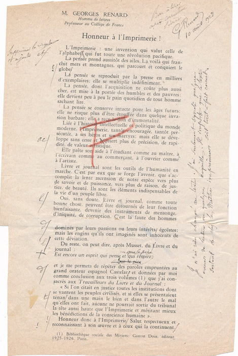 Georges Renard historien poète Honneur à l’imprimerie autographe manuscrit