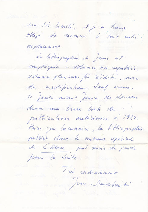 Jean Starobinski bibliographie Pierre Jean Jouve lettre autographe signée