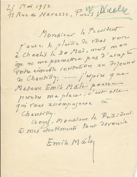Emile MÂLE lettre autographe signée Roger Nicolle Chaalis déjeuner âge