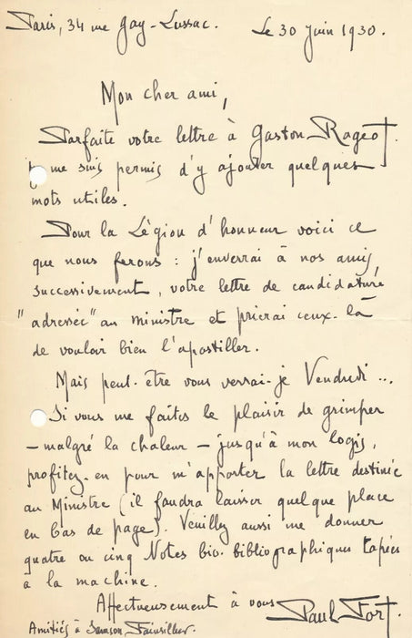 bel ensemble autographe Paul FORT 2 lettres 2 cartes 1 lettre épouse dédicace