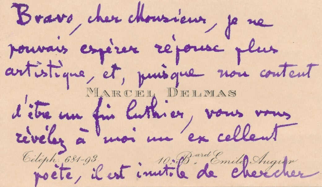 Stradivarius Marcel DELMAS 2 lettres Eugène Lévêque collectionneur musique 1902