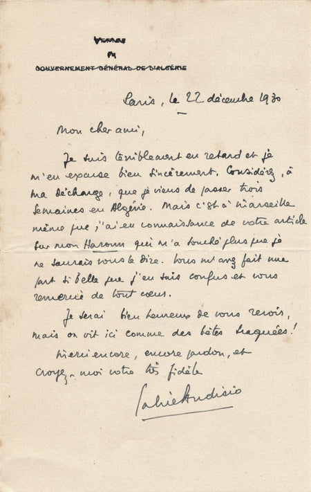 romancier Gabriel AUDISIO lettre autographe signée remerciement Haroun el Rachid