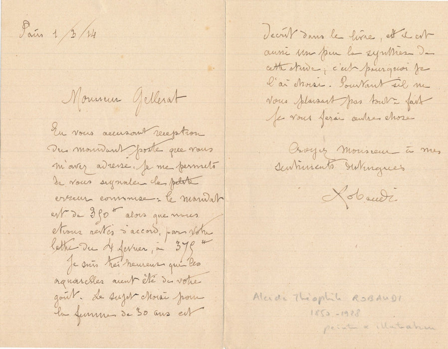 Alcide Robaudi peintre 2 lettres autographes signées femme de 30 ans