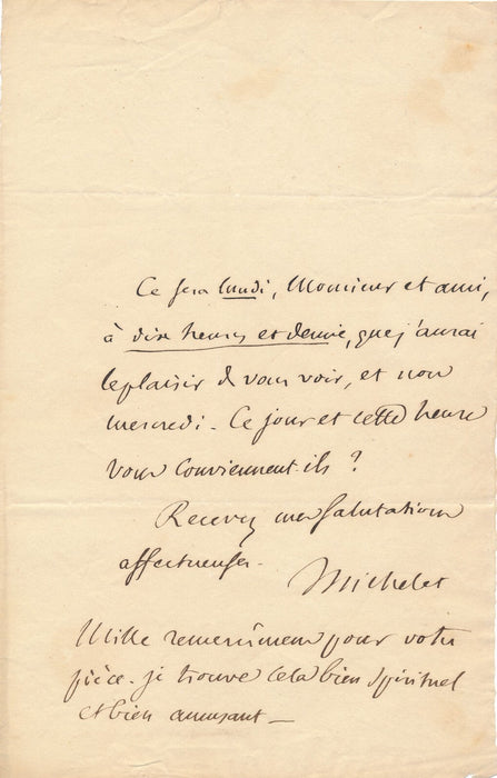 Jules Michelet trouve une pièce spirituelle et amusante lettre autographe signée