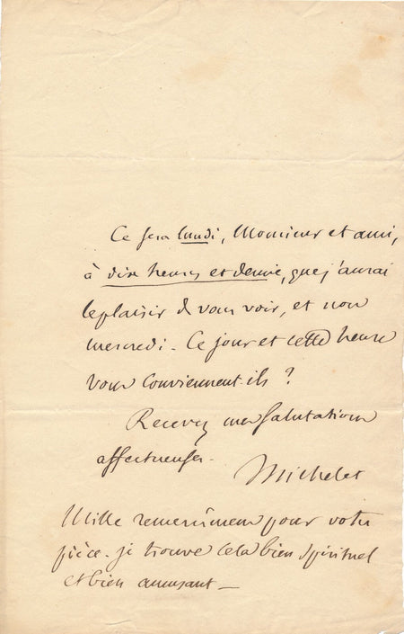 Jules Michelet trouve une pièce spirituelle et amusante lettre autographe signée
