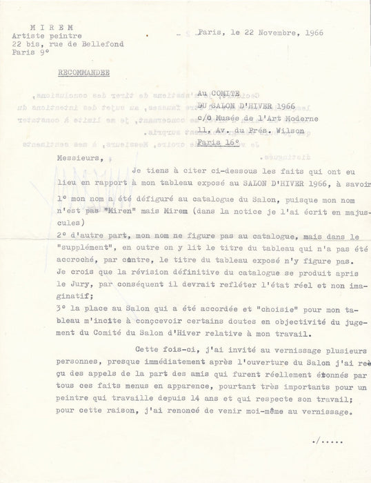 Mirosław MIRECKI MIREM peintre lettre signée DANIEL-GIRARD salon d'Hiver