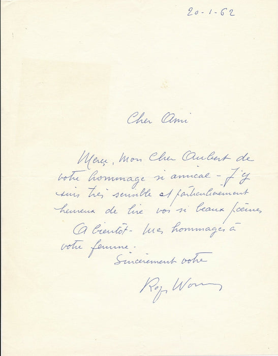 Roger WORMS (1907-1880), peintre 3 lettres à Auber poète Falmmes vives