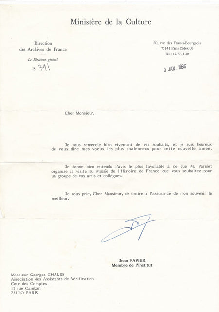 Jean FAVIER archiviste 2 lettres dactylographiées signées