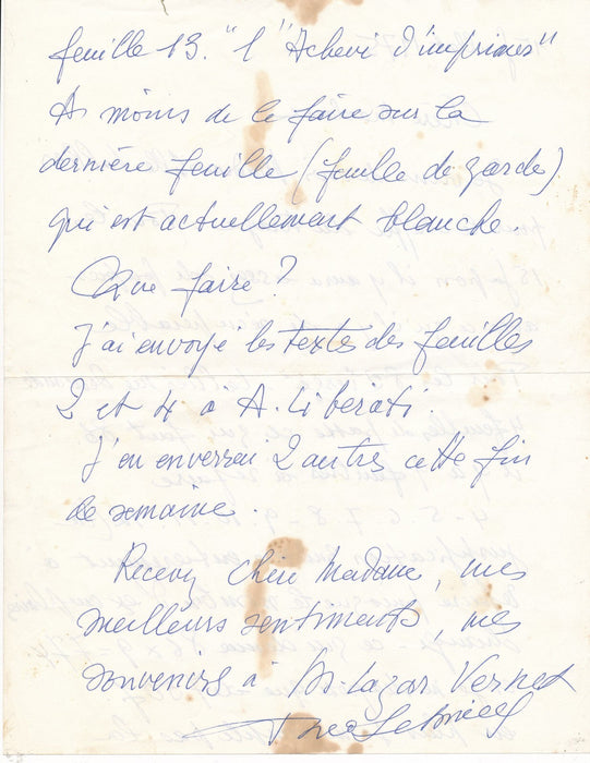 Théo SCHMIED imprimeur livre artiste André Liberati lettre autographe signée