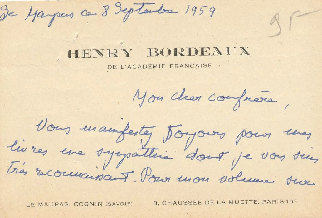 5 documents autographes Henry BORDEAUX Taponier Bellet Mainguet