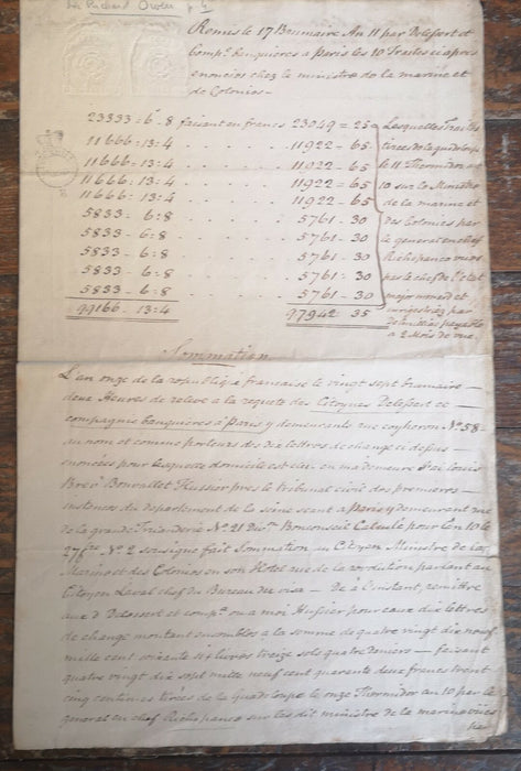 Acte d’huissier (1802) banque delessert Ministre guerre traites Guadeloupe 