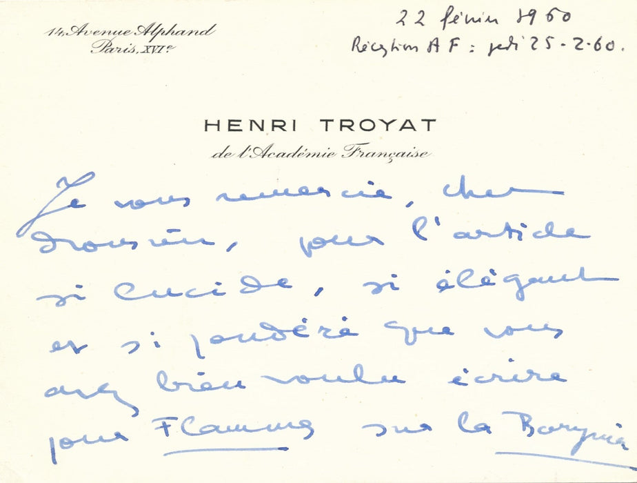 écrivain ensemble Troyat 1 carte autographe signée 1 photo 2 envois