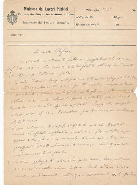 Filippo EREDIA physique température eau lettre autographe signée machine