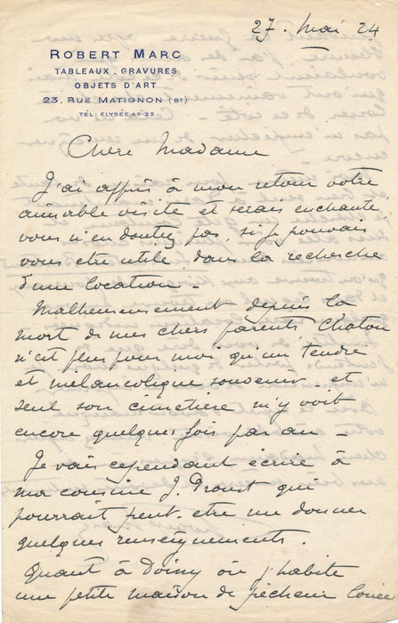 Marc Robert marchand paris tableaux gravures évoque Chatou lettre autographe