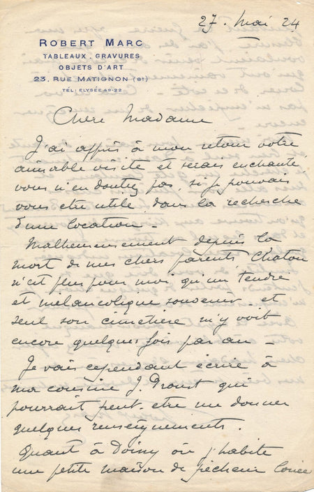 Marc Robert marchand paris tableaux gravures évoque Chatou lettre autographe