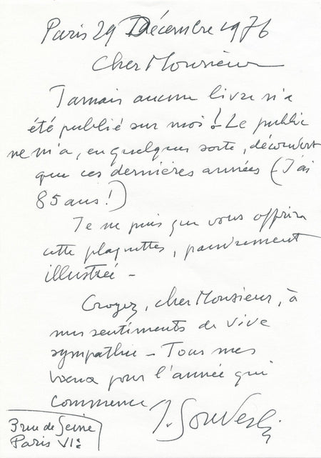 Jean SOUVERBIE aucun livre n'a été publié sur moi ! lettre autographe signée