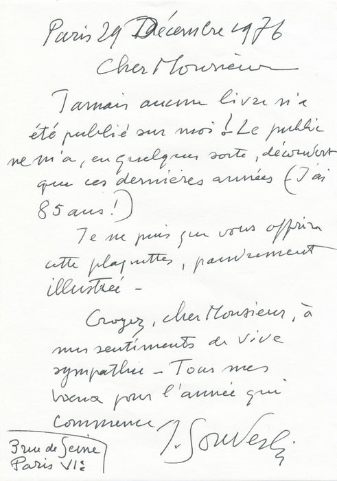 Jean SOUVERBIE aucun livre n'a été publié sur moi ! lettre autographe signée