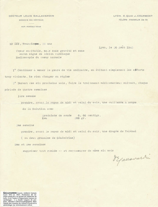 médecine cardiologie ordonnance lettre signée Louis Benedict GALLAVARDIN 