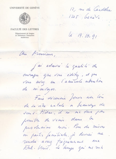 Jean Starobinski bibliographie Pierre Jean Jouve lettre autographe signée