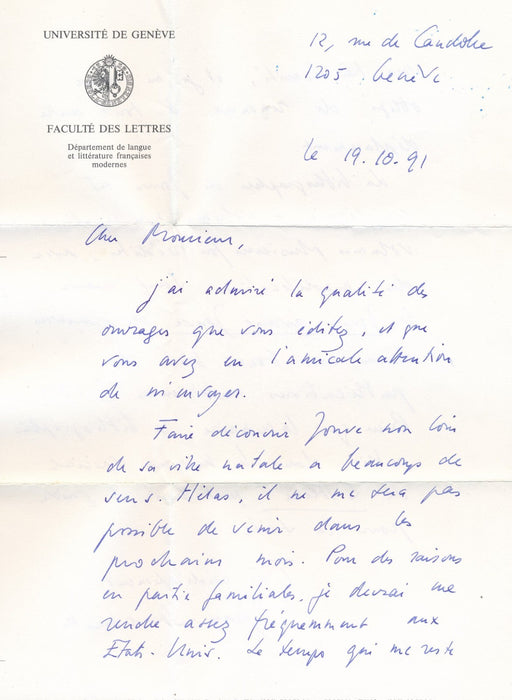 Jean Starobinski bibliographie Pierre Jean Jouve lettre autographe signée