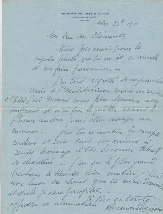 Herman DEVRIES baryton français Etats-Unis Chicago lettre autographe signée