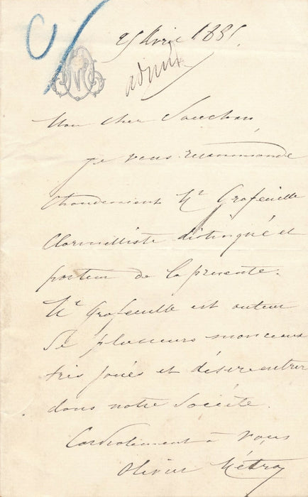 musique compositeur Olivier MÉTRA lettre autographe signée clarinette Grafeuille