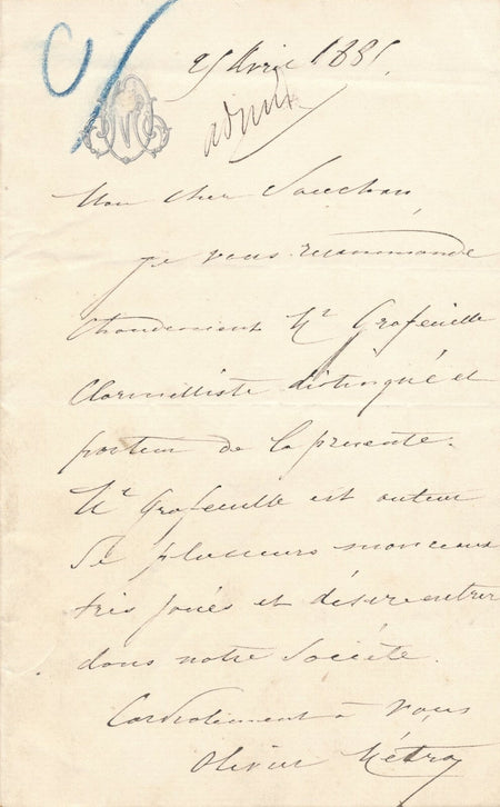 musique compositeur Olivier MÉTRA lettre autographe signée clarinette Grafeuille