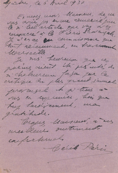 Cécile Périn lettre autographe signée La Féerie provençale Petit Marseillais