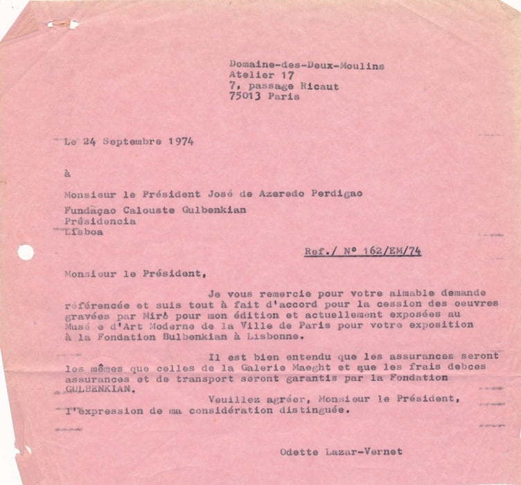 Fondation Calouste Gulbenkian José de Azeredo Perdigão lettre signée Miro