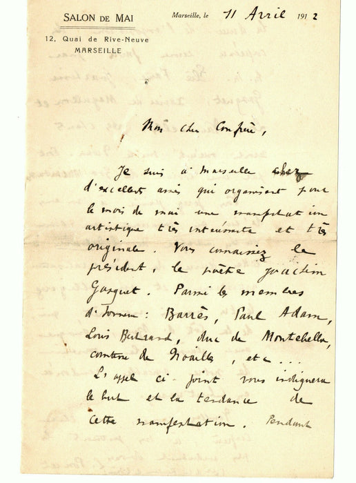 SALON DE MAI Marseille lettre Poncet ET document présentant le Salon