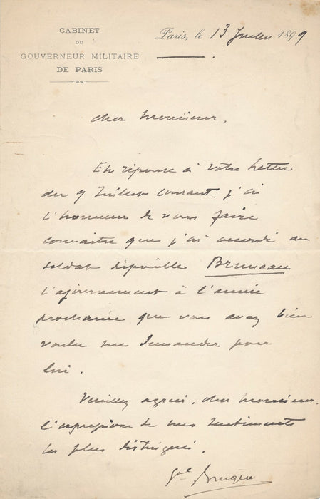 Militaire Henri Joseph BRUGÈRE Gouverneur militaire Paris lettre autographe 