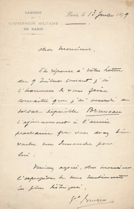 Militaire Henri Joseph BRUGÈRE Gouverneur militaire Paris lettre autographe 