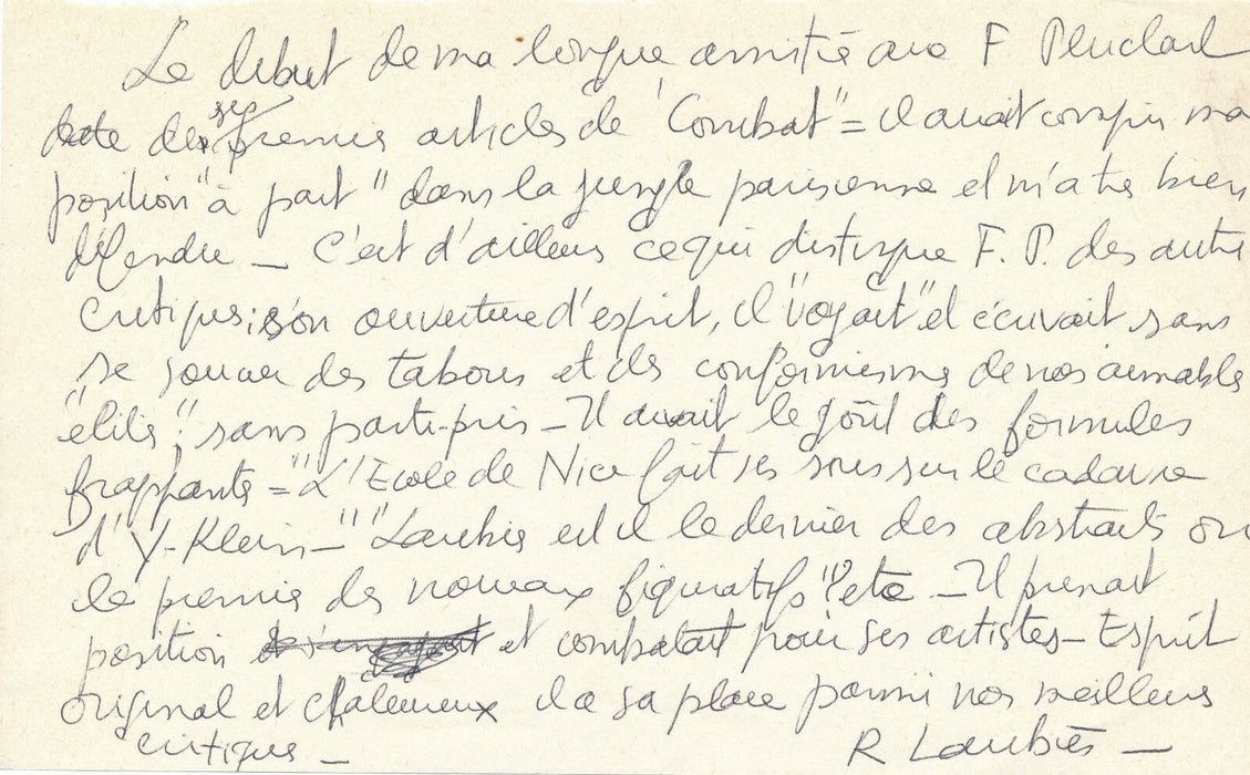 René LAUBIÈS lettre autographe signée mémoire François Pluchart Henri Maccheroni